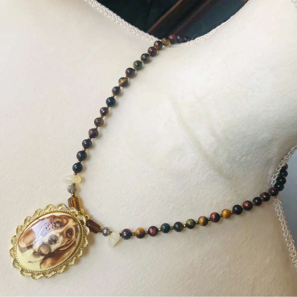 Handcrafted hound dog cameo natural stone bulls eye citrine necklace